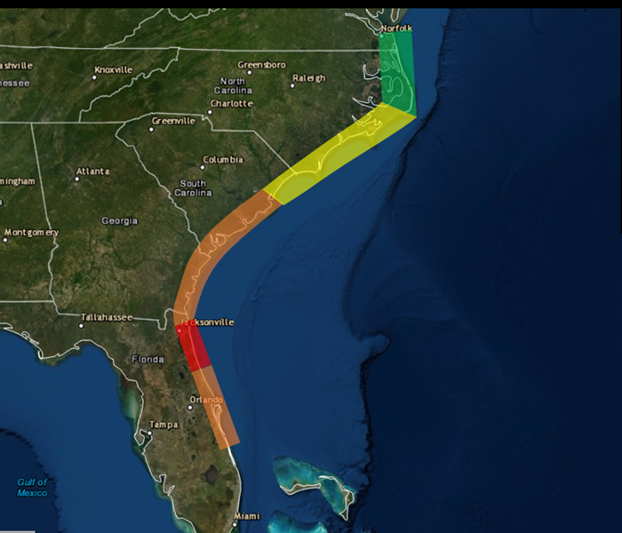 Forecast with legend showcasing the impact of Hurricane Dorian across the East Coast